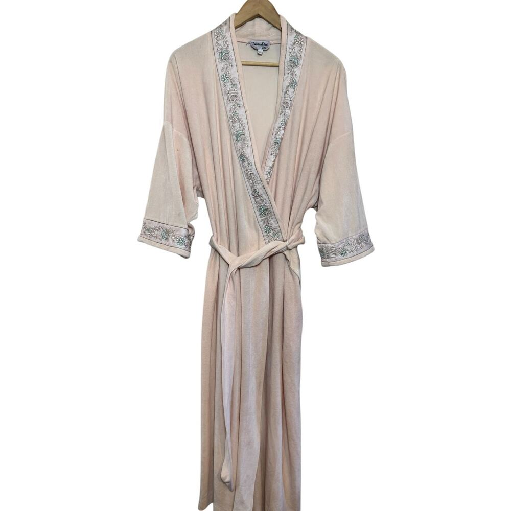 Vintage Christian Dior Lounge Wear Pink Floral Embroidered Robe with Belt